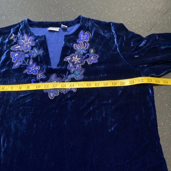 Vtg Chicos Velvet Top Women 3/XL Boho Sapphire Blue Embroidered Chic Blouse Silk - Picture 6 of 12